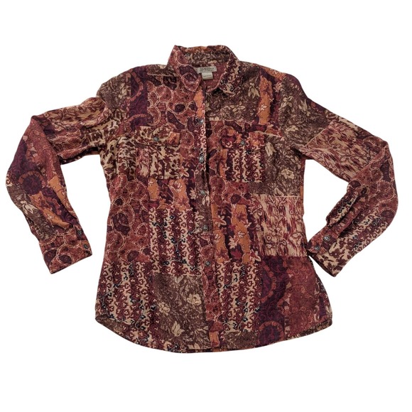 Lucky Brand Button Down Women S Brown Silk Patchwork Print Long Sleeve Blouse - Picture 3 of 11